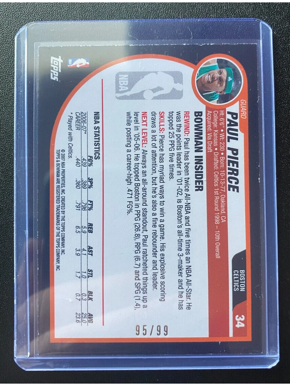 2007 Bowman Paul Pierce #34 Gold /99